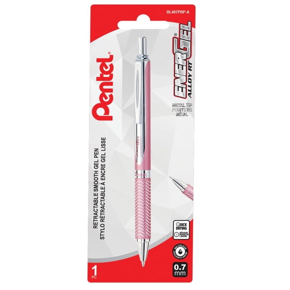 EnerGel Alloy Rétractable Stylo à Encre Gel, (0,7mm) Pointe en Métal, Barillet Rose, Encre Noire, 1PC Paque