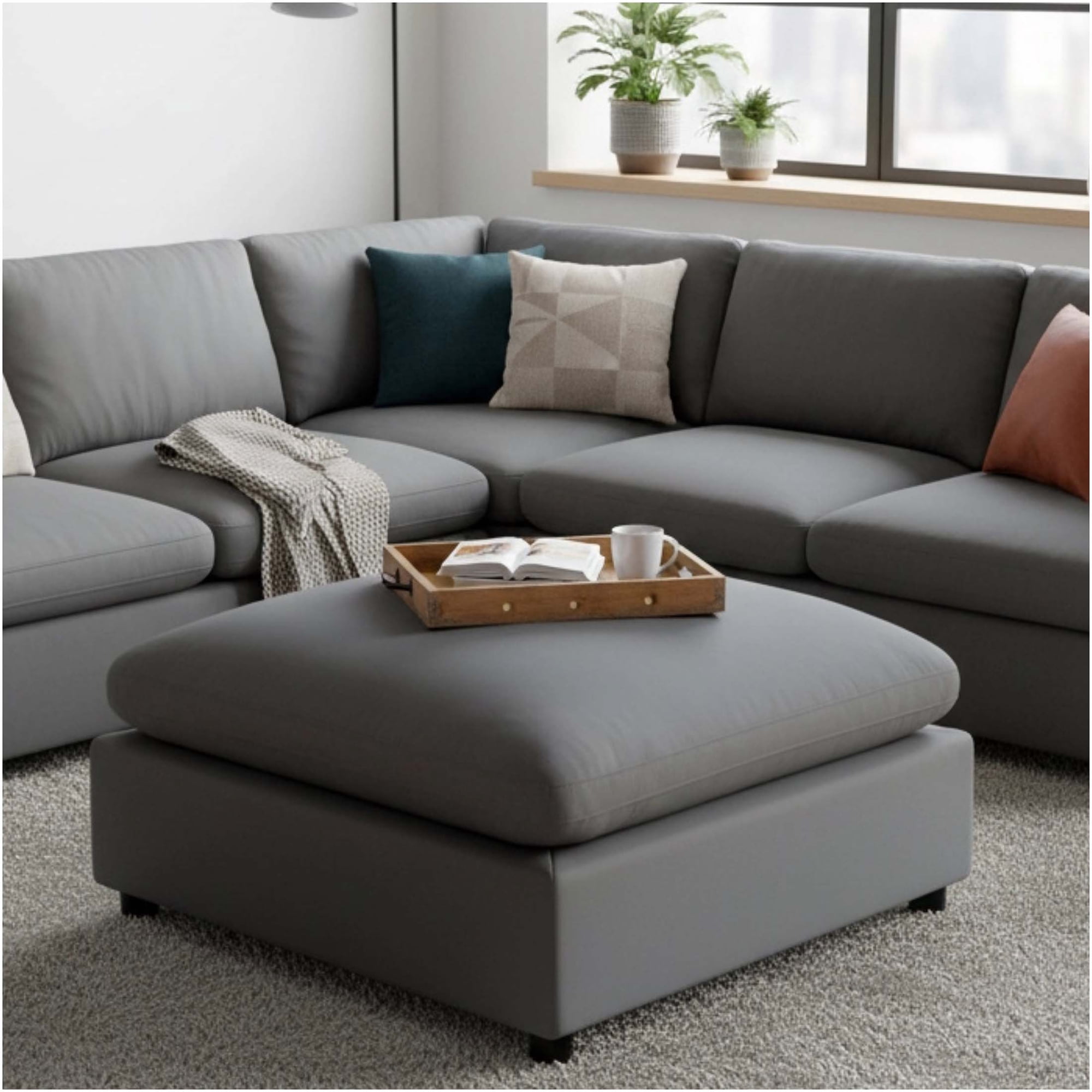 JERFIT Modern Charcoal Fabric Ottoman with Storage Plush Round Footstool Pouf for Living Room Soft Polyester Casual Accent Furniture