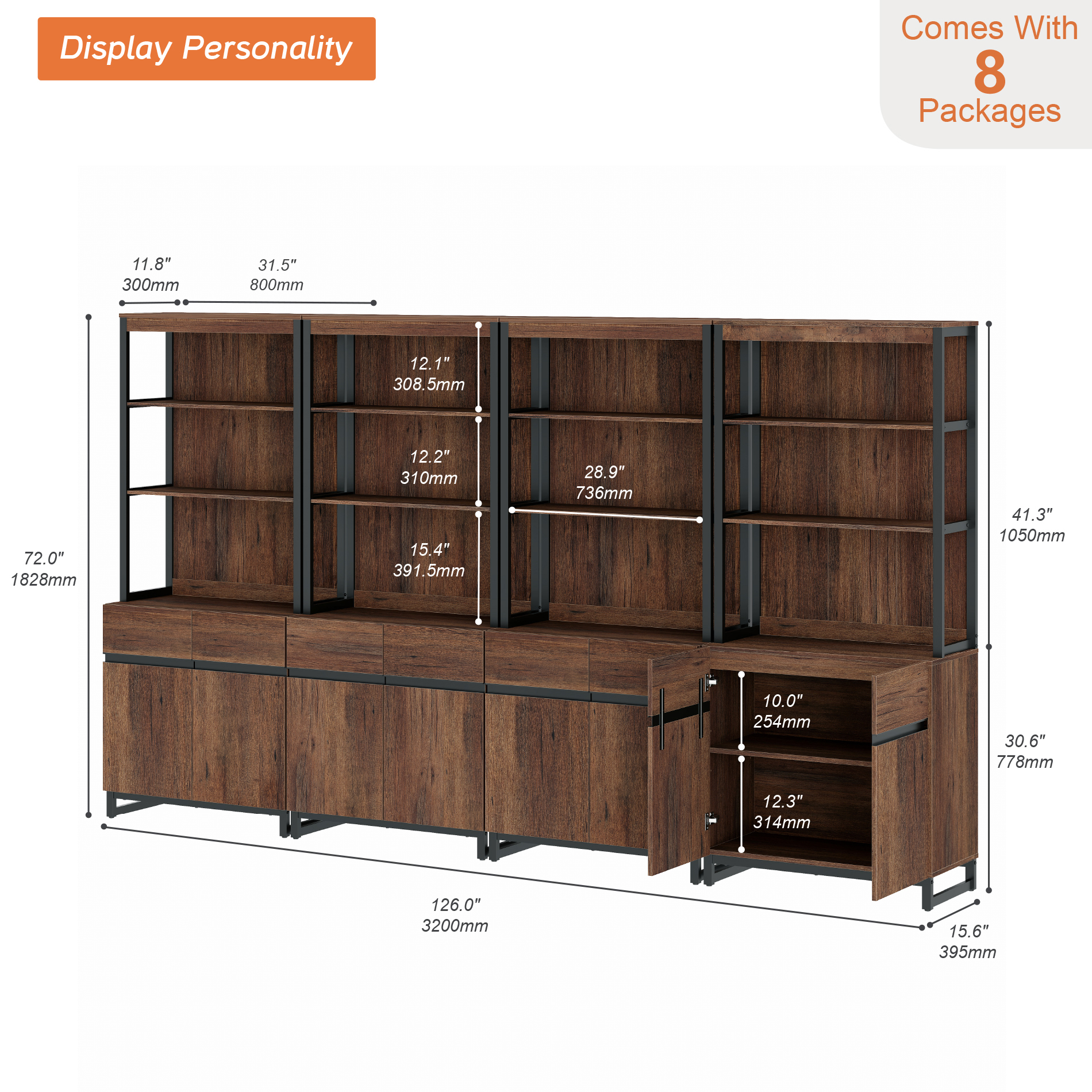 4 PCS Modern 72 Inch Tall Bookcase Units with Reinforced Metal Base, Large Library Bookshelf Set with Adjustable Shelves and Closed Storage Cabinet for Living Room Office