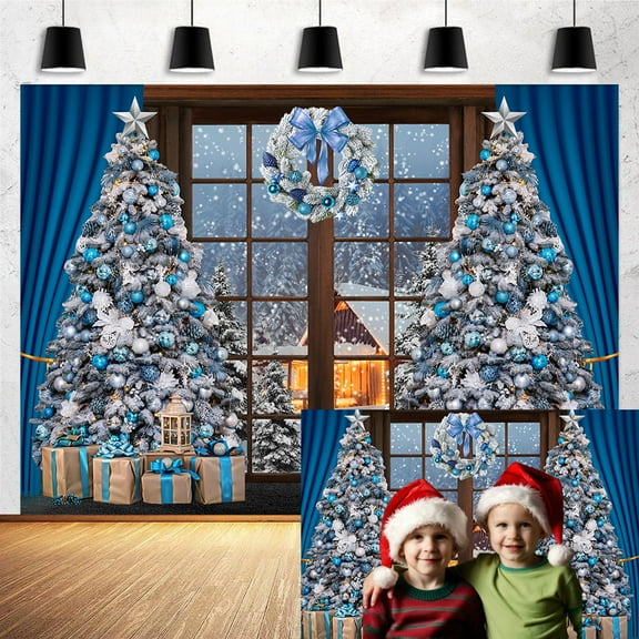 7x5ft Christmas Blue Photo Backdrop Window Winter Xmas Pine Tree Cabin Snow Scene Photography Background New Year Baby Shower Kids Birthday Festival Party Decorations Banner Photo Booth Porps