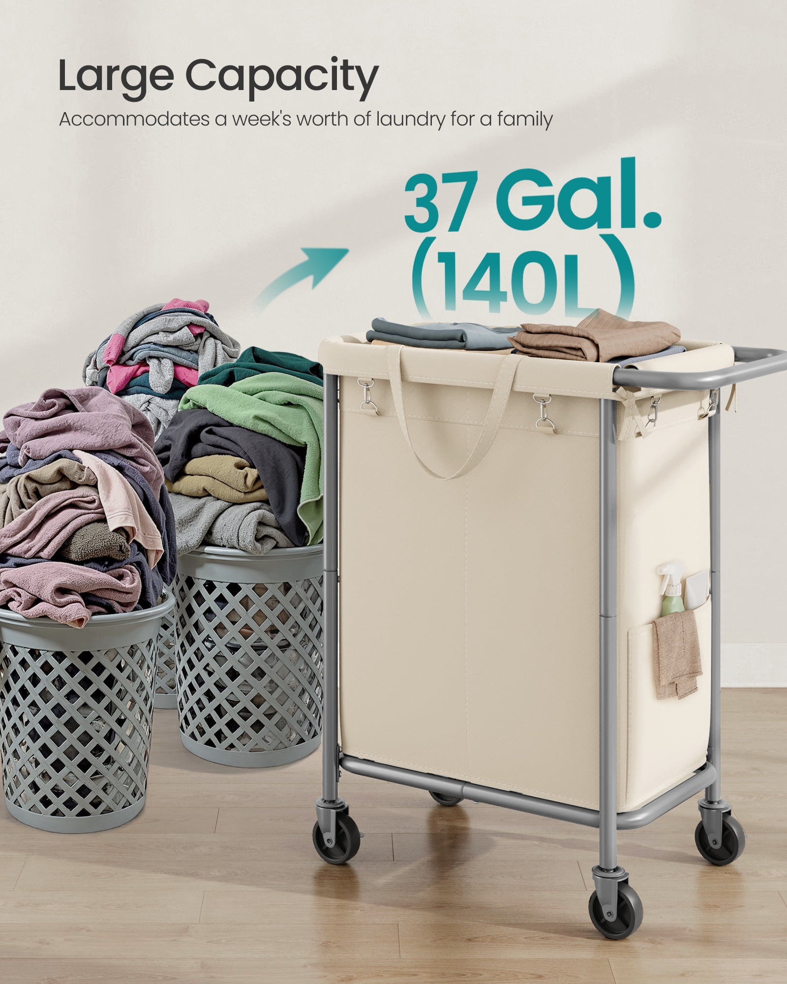 2-Section Rolling Laundry Basket Storage with Wheels, 37 Gallons Laundry Hamper, Removable Liner, Steel Frame with Handle, 27.2 x 15.4 x 31.9 Inches