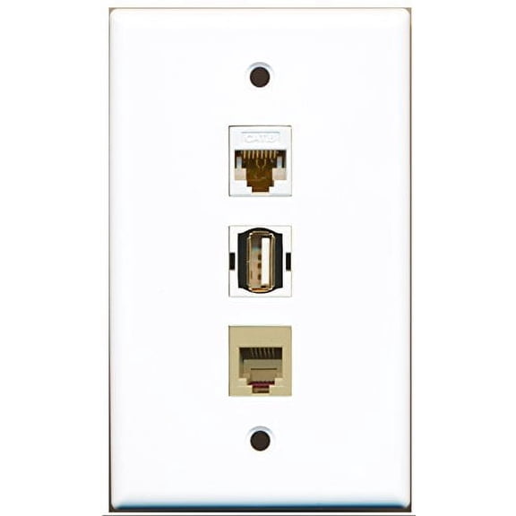 RiteAV - 1 Port USB A-A and 1 Port Phone RJ11 RJ12 Beige and 1 Port Cat6 Ethernet White Wall Plate
