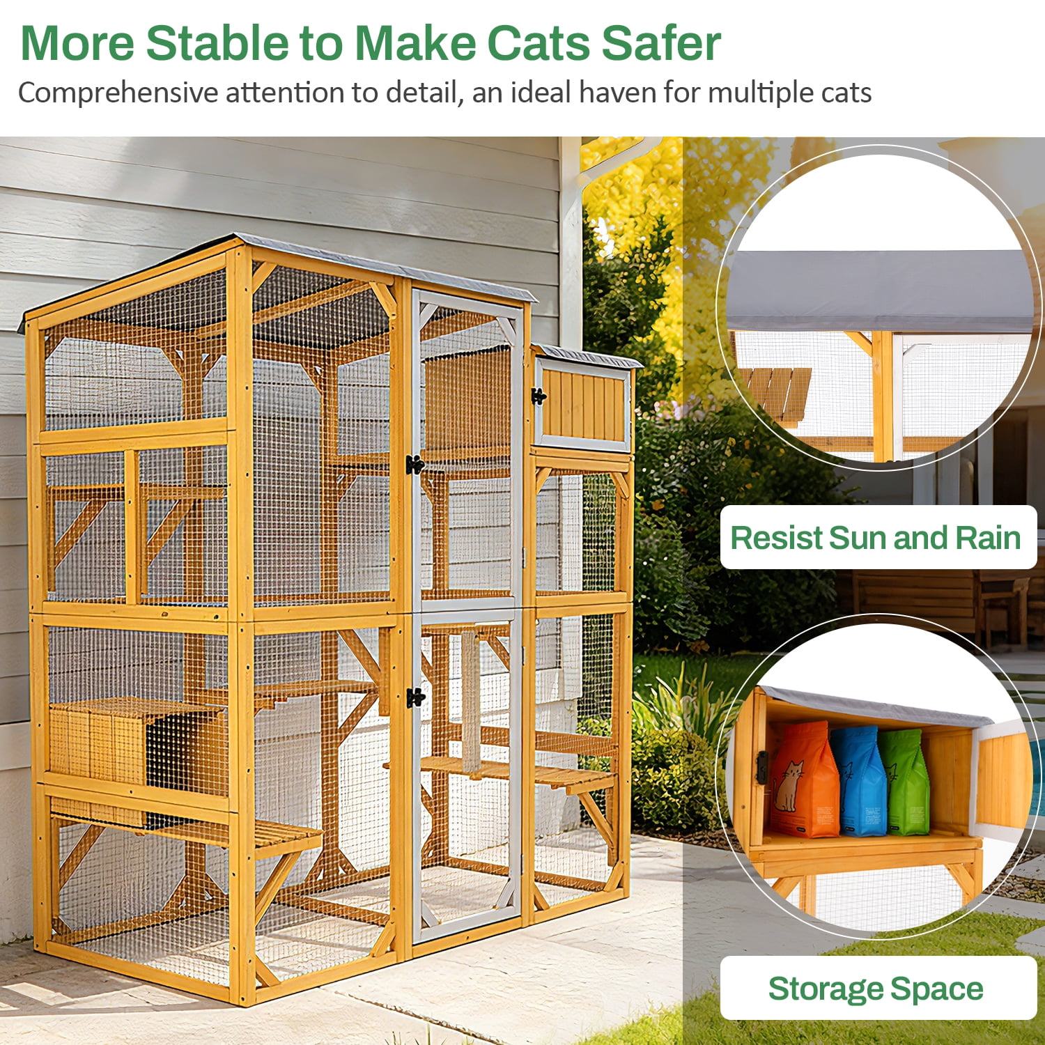 Wooden Outdoor Catio Enclosure for Pets with Scratching Post, Multi-Level Perches & Hideaways, Weatherproof Indoor/Outdoor Cat House with Roof, 5 Platforms & Resting Den, UV-Resistant