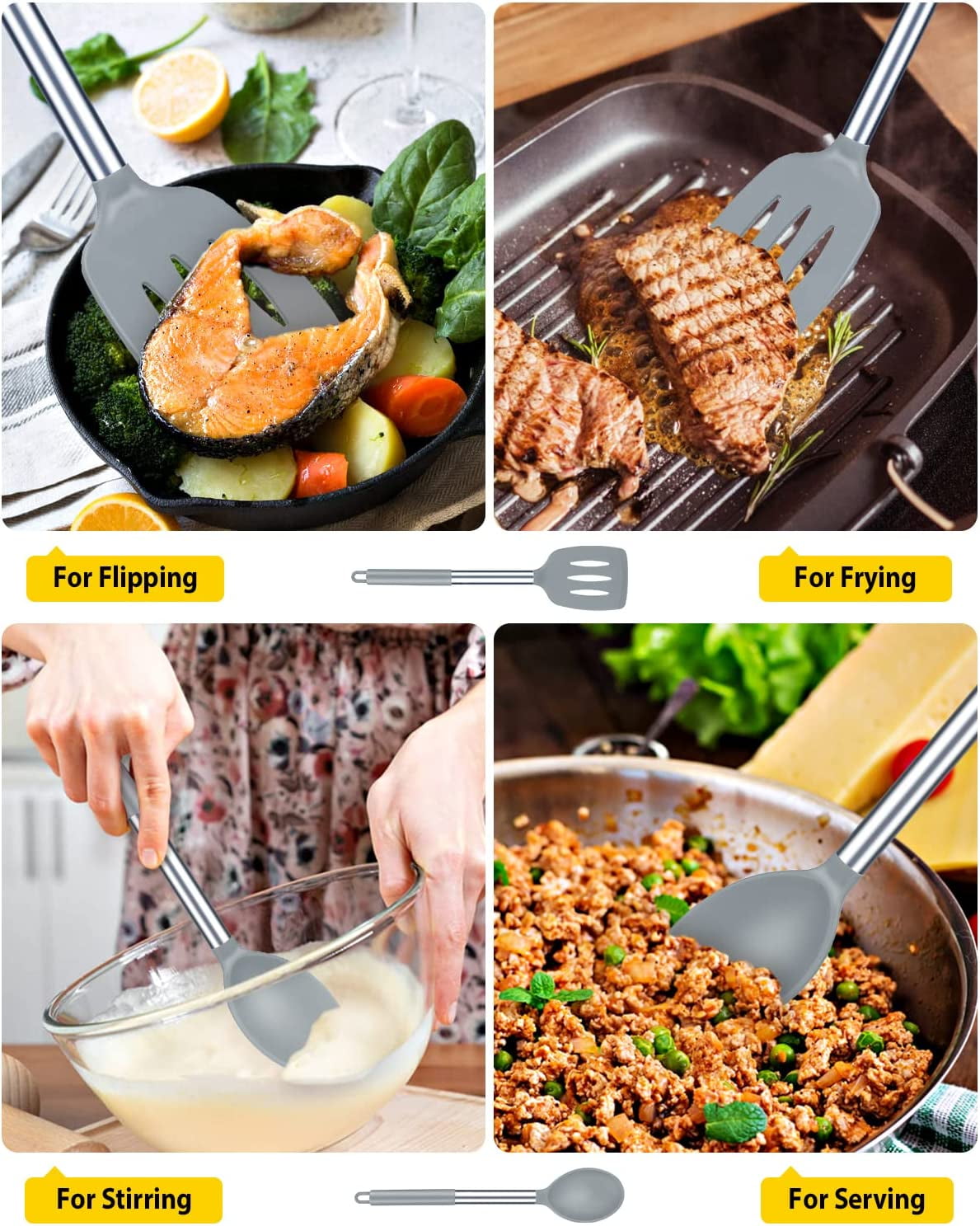 Bundlepro 4 Pack Silicone Home Kitchen Cooking Utensils Set,Solid Slotted Spatulas Spoons Set, Gray