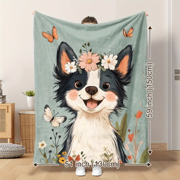 Chihuahua Cartoon Watercolor Blanket - Soft, Warm Flannel Throw with Garland & Butterfly Design - Perfect for Naps, Camping, Travel, and Home Decor - Ideal Gift for Animal Lovers