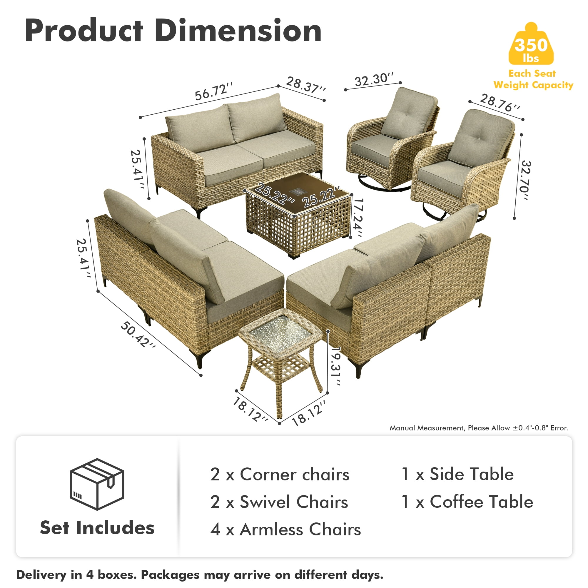 Toject Patio Furniture 10 Pieces All Weather Wicker Patio Conversation Set with Solar Powered Coffee Table Outside Furniture Outdoor Sectional with Swivel Chairs for Backyard, Dark Gray