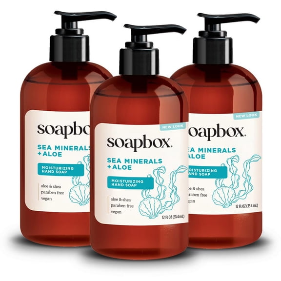 Soapbox Liquid Hand Soap, Gentle and Moisturizing, Vegan and Cruelty Free, 12oz Pump Bottles (Pack of 3), Sea Minerals & Blue Iris