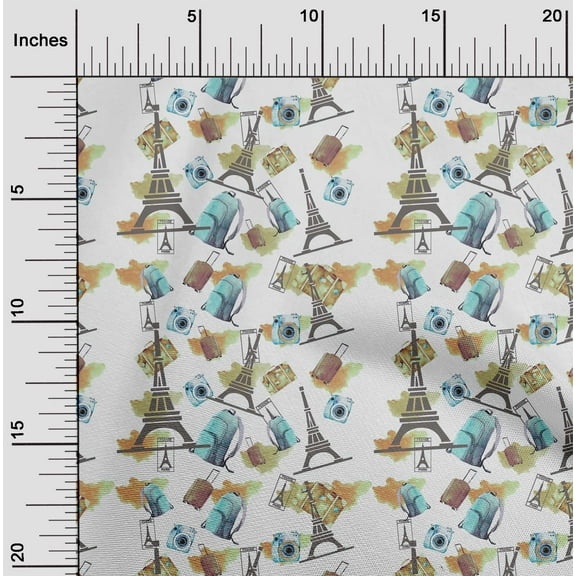 oneOone Cotton Flex Light Green Fabric Eiffel Tower|Camera & Bag Travel Diy Clothing Quilting Fabric Print Fabric By Yard 40 Inch Wide