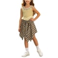 thumbnail image 2 of WQNVRNR Girls Sweet Two-Piece Outfit- Elastic Waist Plaid Bow Midi Skirt Sleeveless Crewneck Top School Outfit Casual Summer Clothes Set Yellow Size 1 Years, 2 of 9