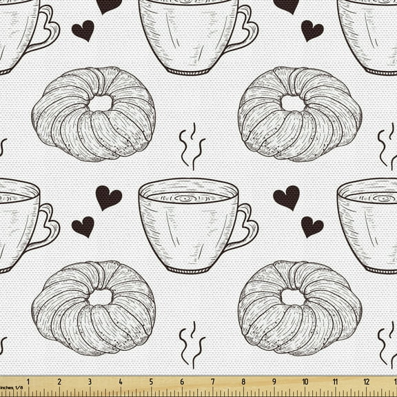 Ambesonne Tea Party Fabric by the Yard Upholstery, Freshly Baked Bun Tea, 2 Yards, Charcoal Grey and White