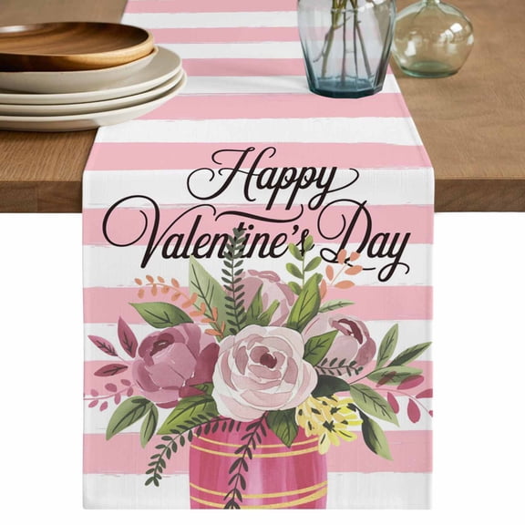 Valentine's Day Table Runner 36 Inches, Pink Roses Flowers Stripes Country Bed Runner Dresser Scarves Tabletop for Indoor Outdoor Parties/Ceremony/Banquet, 13"x 36"
