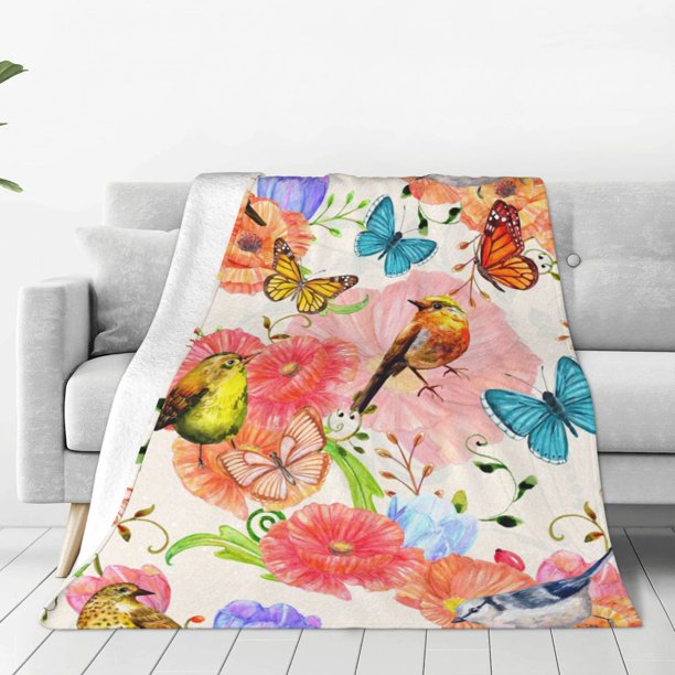 Fotbe Flowers And Birds Watercolor Manta de Franela Acolchonada con Estampado, Súper Suave y Esponjosa, Extra Grande para Sofá, Cama, Uso Todo el Año-40"x30"