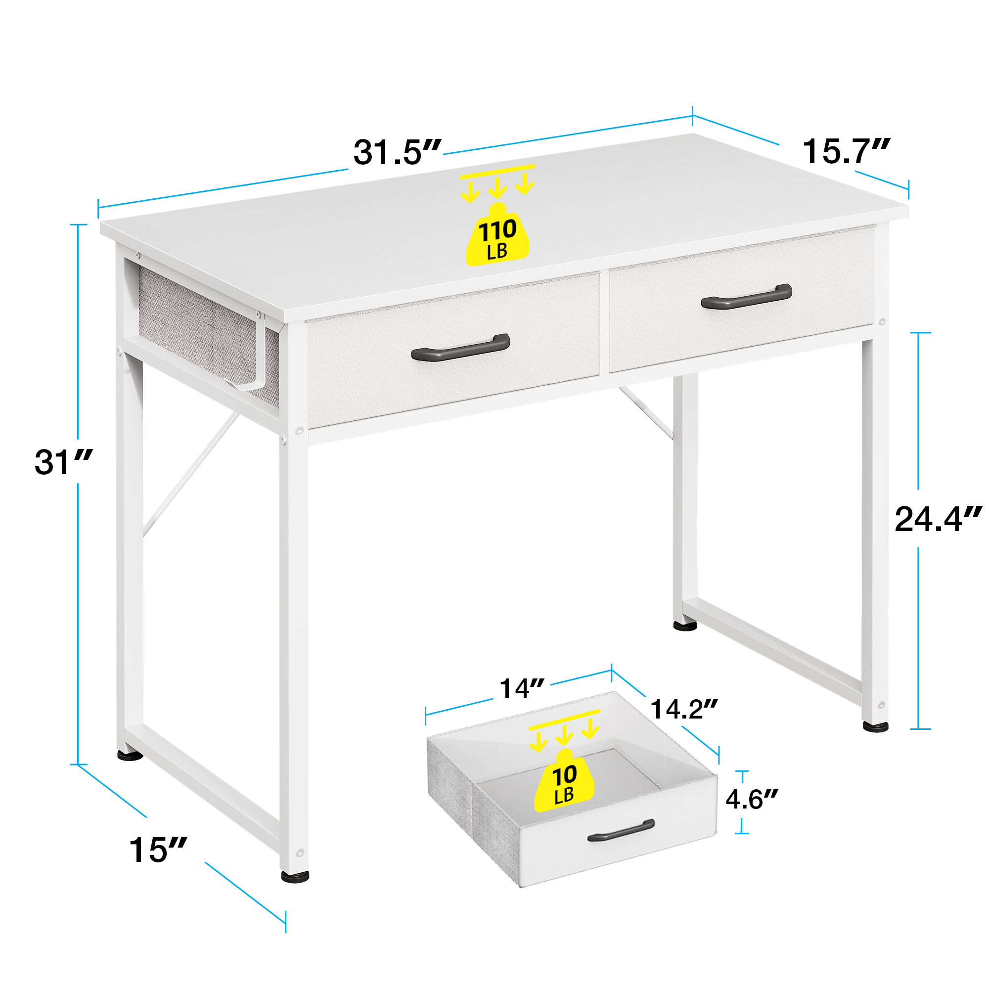 Casacomoda 32 Inch White Writing Desk With 2 Fabric Drawers photo 4