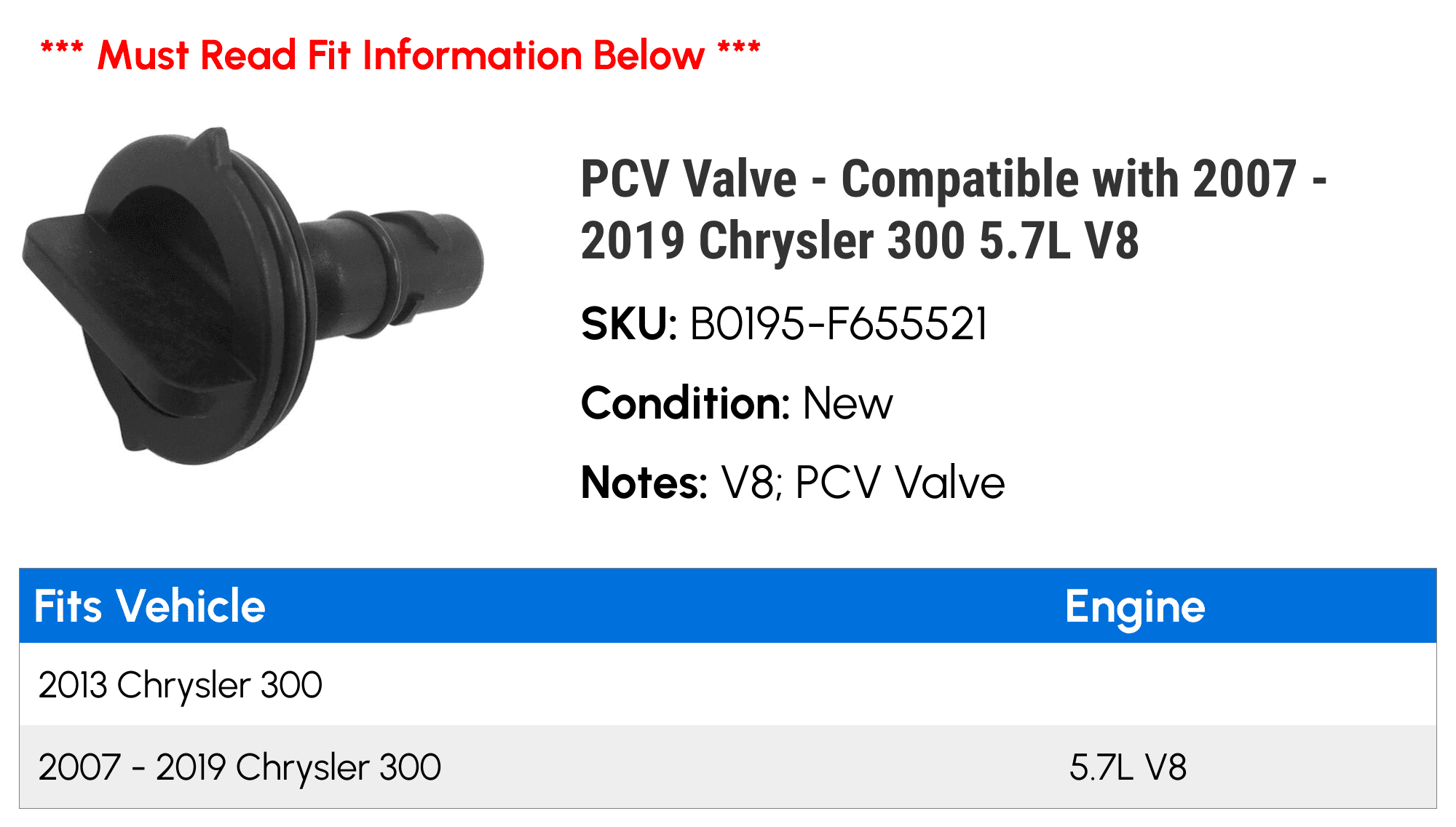 PCV Valve - Compatible with 2007 - 2019 Chrysler 300 5.7L V8 2008 2009 2010 2011 2012 2013 2014 2015 2016 2017 2018