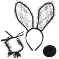 thumbnail image 1 of Conjunto de disfraz de conejito con diadema de encaje con orejas de conejo, collar de conejo de encaje negro y cola redonda para mujeres y niñas, suministros para fiesta de Pascua, Halloween y cospl, 1 of 5