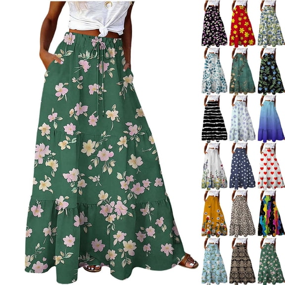 QIUOMBBP A Line Maxi Skirt for Women Elastic High Waist Drawstring Floral Flowy Long Skirts Summer Casual Going Out Clothes Red XL