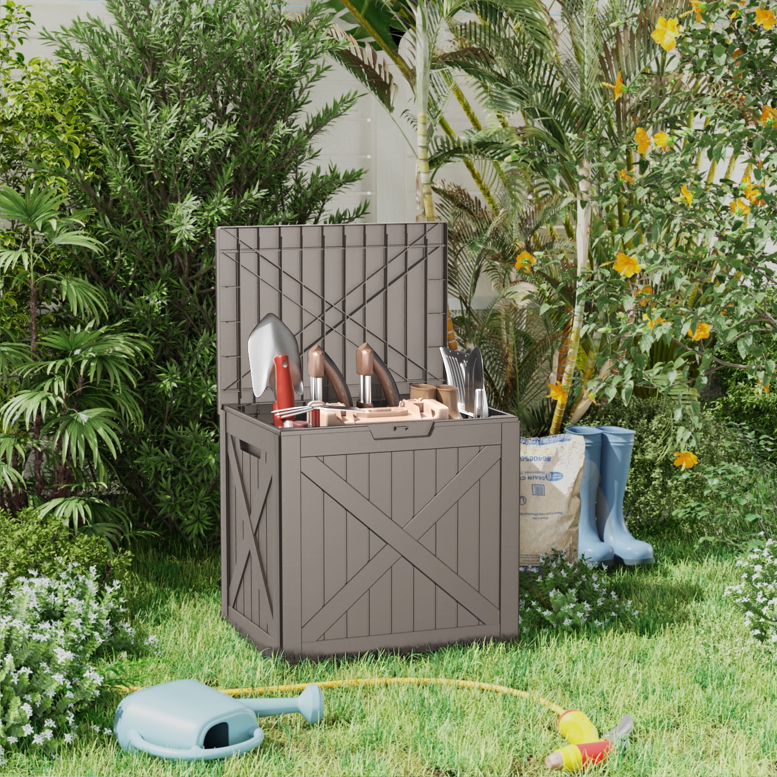 MAYEERTY 32 Gallons Large Deck Box, Large Capacity Storage Box for Patio Furniture Cushions, Pillow Outdoor Indoor, Light Brown