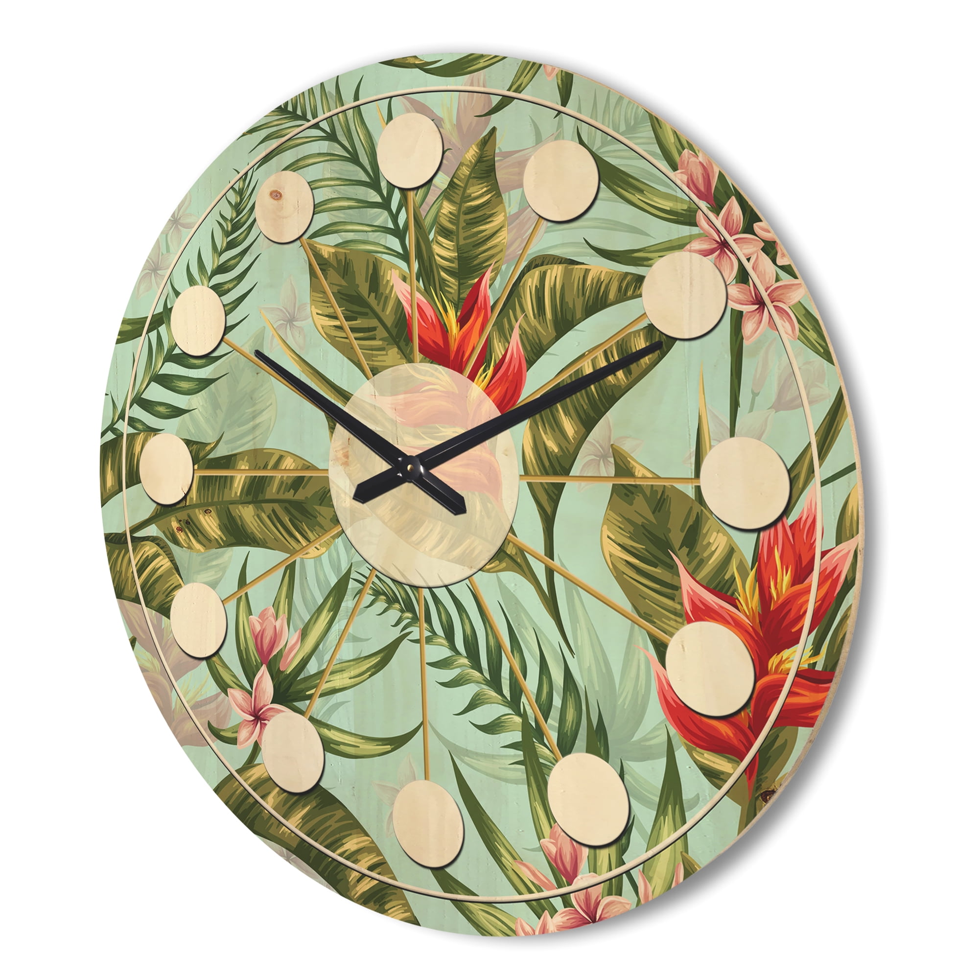 Designart 'Foliage Tropical I' Mid-Century Modern Wood Wall Clock