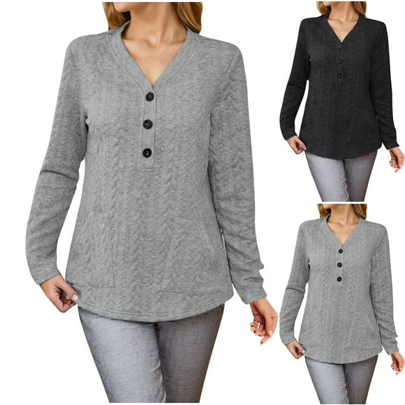 Ropa de mujer,Top de punto con cuello en V para mujer, camisa informal de manga larga, tejido de poliéster, diseño de bolsillo con botones, prenda versátil para otoño, sopatenor