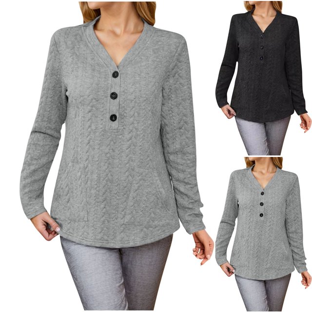 Blusa,Top de punto con cuello en V para mujer, camisa informal de manga larga, tejido de poliéster, diseño de bolsillo con botones, prenda versátil para otoño, sopatenor