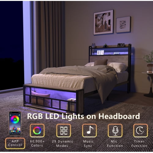 Twin Bed Frame with LED Headboard, Charging Station & Storage, Metal Platform Bed for Bedroom, No Box Spring Needed, Grey