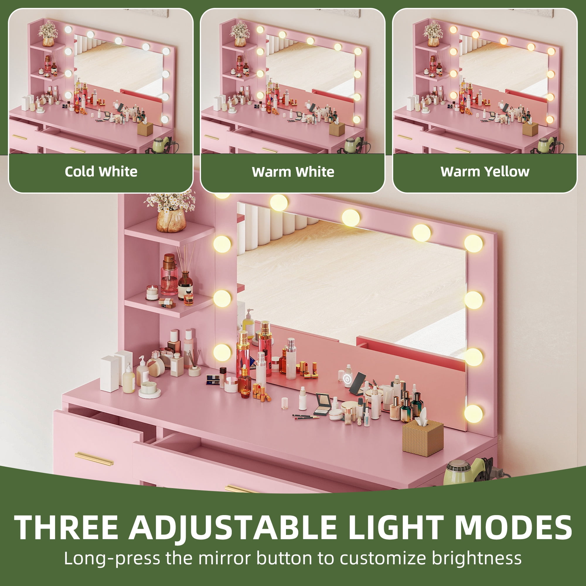 Uforic Makeup Vanity Desk with Mirror & Lights, Vanity Desk with 4 Drawers & Storage Shelves - Pink