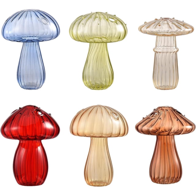 BFYDOAA Colored Glass Bud Vases Set of 6 Mini Mushroom Terrarium Hydroponics Plants Propagation Station for Flower,Reed Diffuser,Table Centerpiece