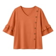 thumbnail image 4 of ClodeEU Women's V Neck Flared 3/4 Sleeve Blouse,Asymmetric Side Button Solid Color Casual Top Orange,Women's Plus M, 4 of 8
