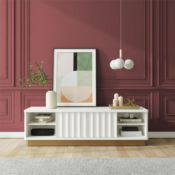 CosmoLiving by Cosmopolitan Rene Modern Scalloped TV Stand for TVs up to 65", Glossy White and Golden Bronze