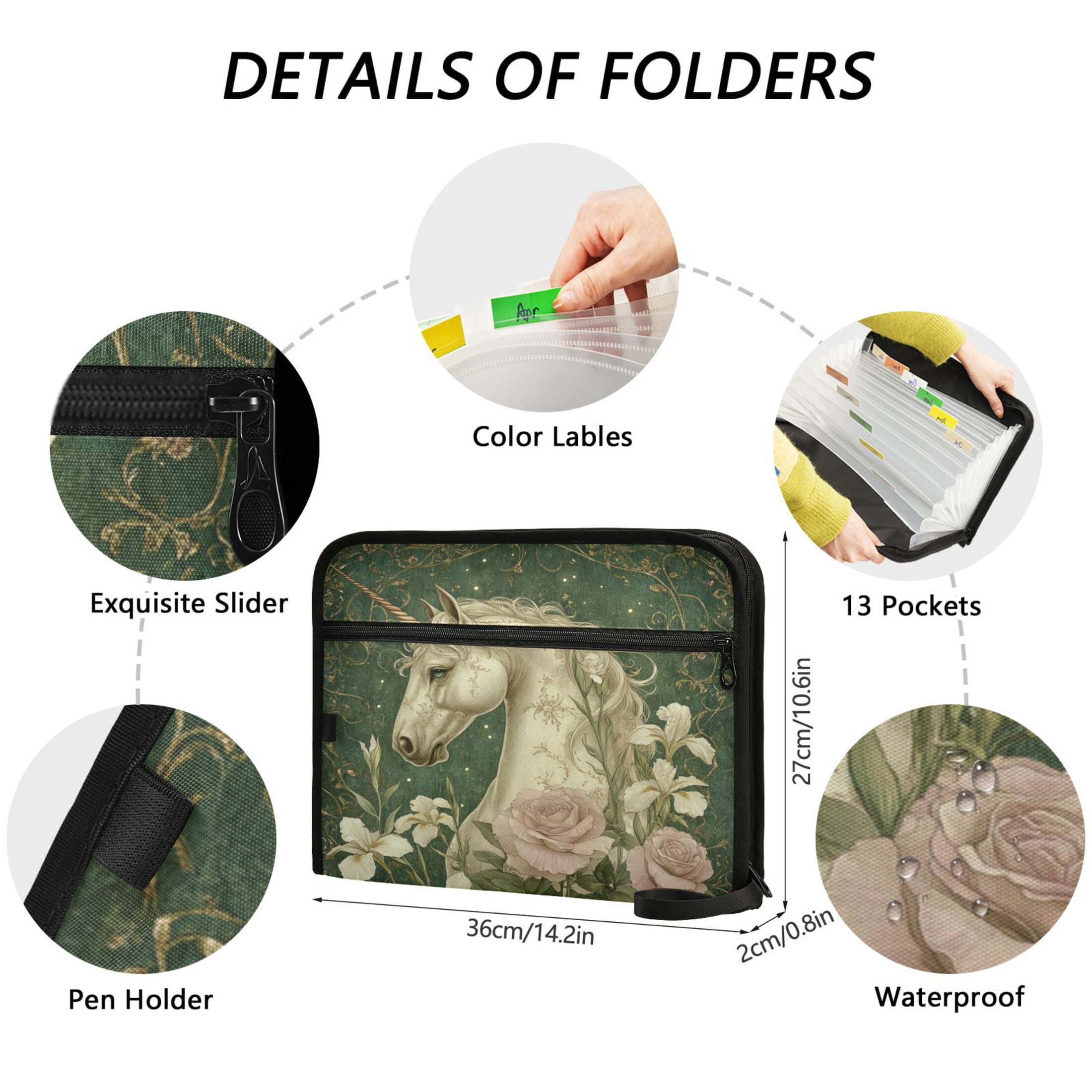 WOBOGO Retro Unicorn Expanding File Folder Letter Size Accordion Filing Organizer 13 Pocket Separate Organ Pocket