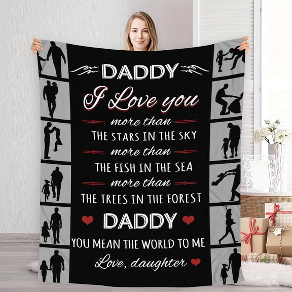 Daddy I Love You Flannel Blanket - Stars, Ocean & Forest Theme Printed Design, Black with White & Red Text, Machine Washable All-Season Throw for Father’s Day