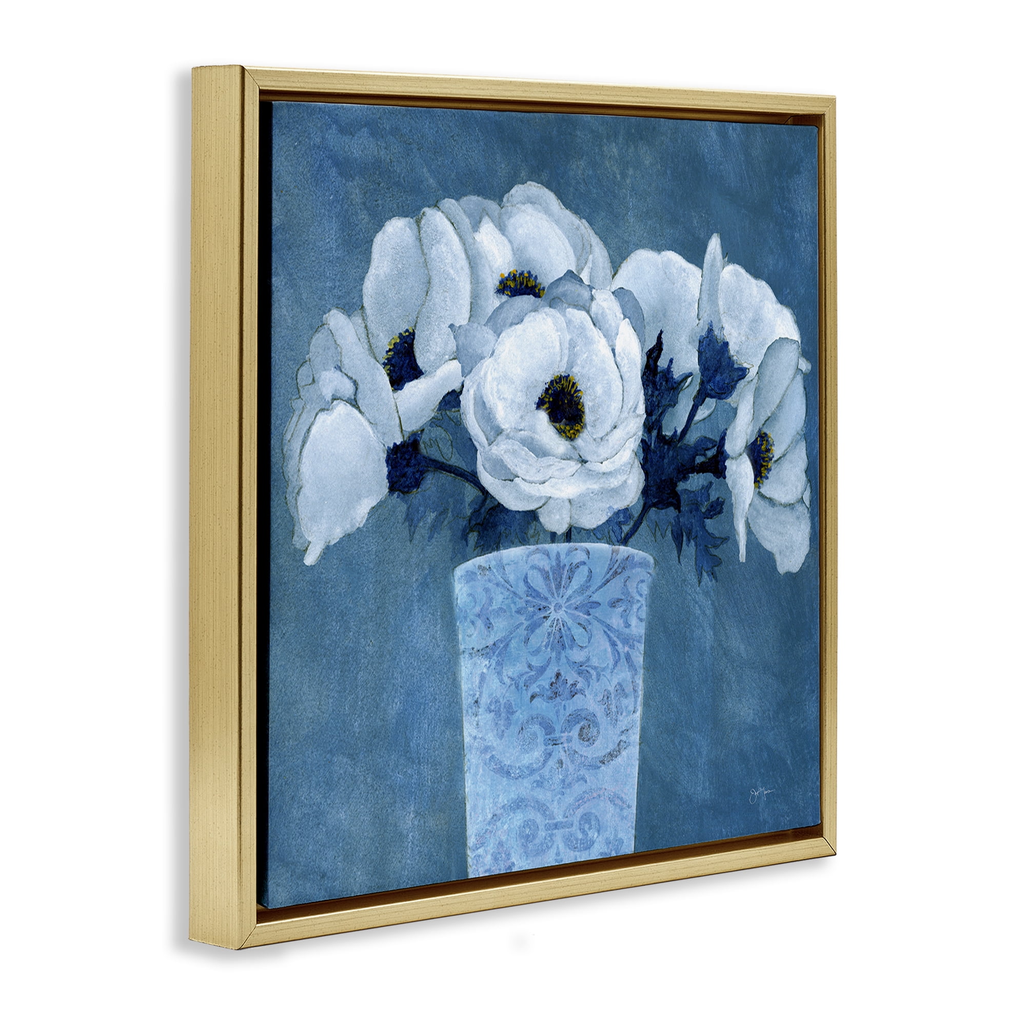 Stupell Industries Patterned Vase Flowers Plants & Flowers Painting Gold Floater Framed Canvas Art Print Wall Art, 25 x 25