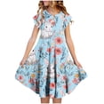 thumbnail image 5 of Girls Easter Clothes Ruffle Tiered Dress Fly Sleeve Crew Neck Cute Bunny Eggs Print Spring Holiday Short Dress (10-11 Years, Sky Blue), 5 of 6
