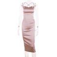 thumbnail image 4 of Uhndy Womens Satin Silk Evening Party Spaghetti Strap Bodycon Midi Dress Pink M, 4 of 5