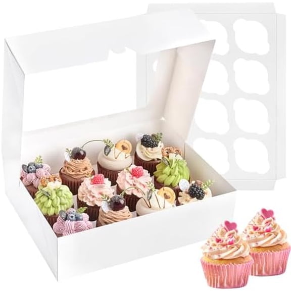 12 Count Cupcake Boxes, 2 Pack White Cupcake Containers with Windows and Inserts, Disposable Cupcake Carriers for Muffins, Treats, Pastries, 13 x 10 x 4 Inches