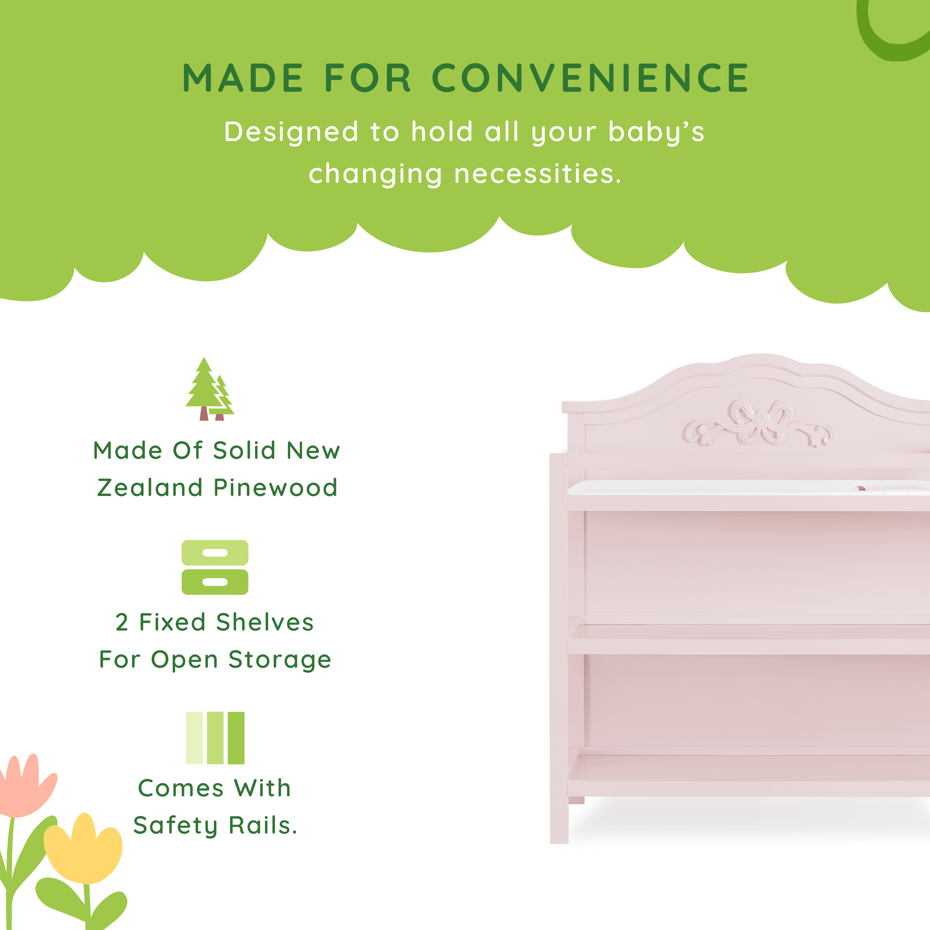Dream On Me Jasmine Changing Table with Fixed Shelves Blush Pink