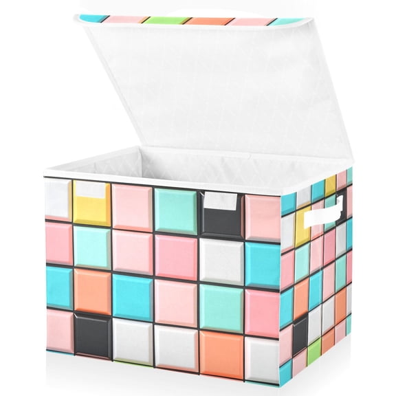 Yayeee Collapsible Cube Storage Bin with Lid Fabric Closet Decorative Basket with Handles, Colorful Checkered Pattern
