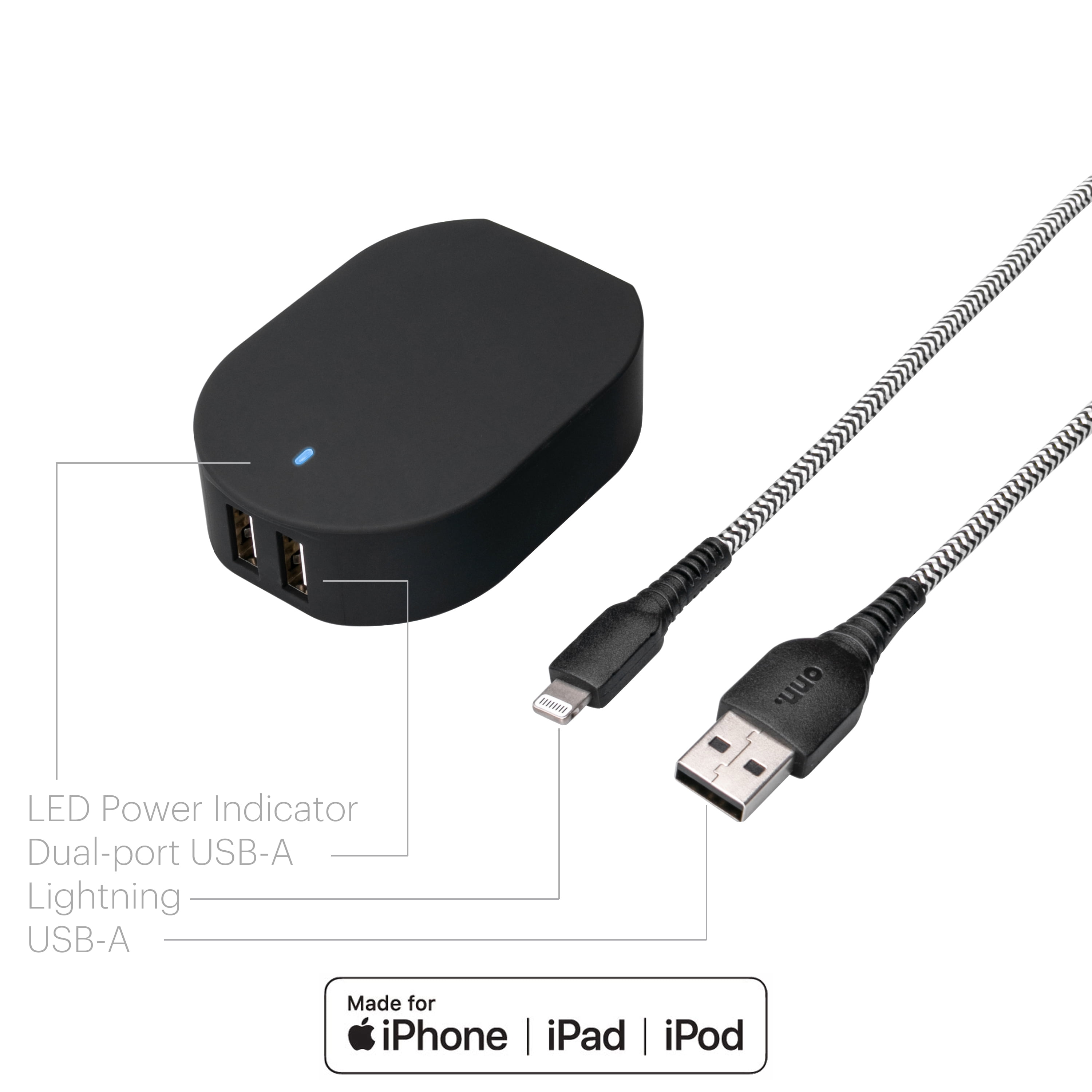 onn. Dual-Port Wall Charging Kit with 3FT Lightning to USB Cable, Black,Apple MFi Certified both cable and charger. Travel friendly plug, cell phone charger
