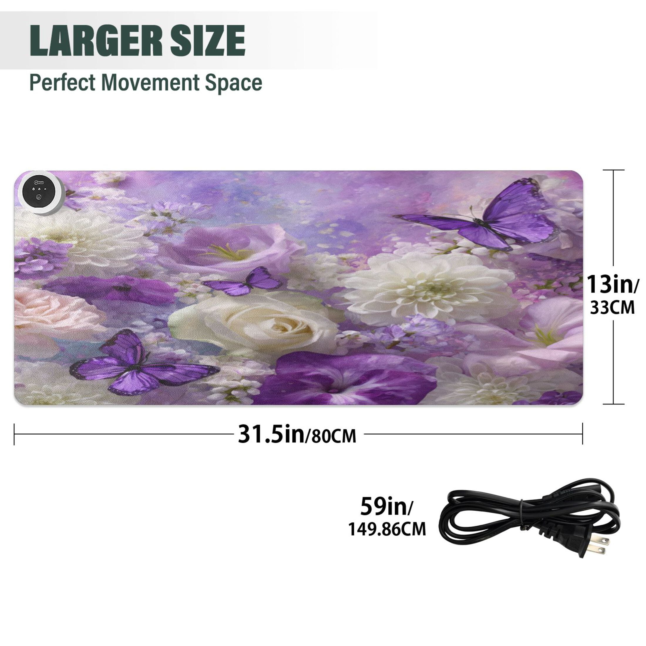 Wobogo Purple Butterfly Floral Heated Mouse Pad Extra-Large Desk Mat With 3 Heating Levels and 3-hour Auto Shut-Off Protection Ideal for Computer Keyboards Home Office Hand-warming Essential 31.5in ×