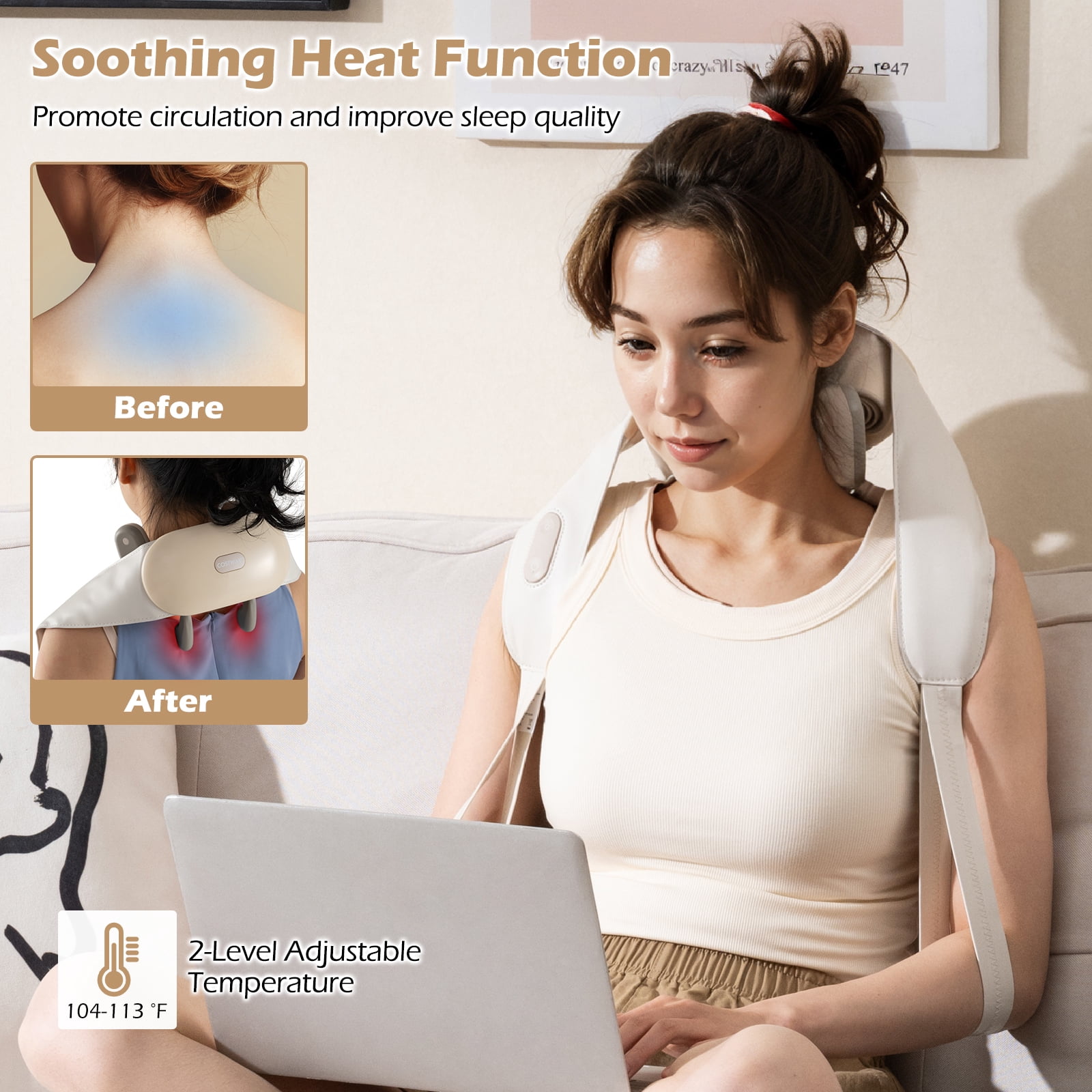 Gymax Neck Shoulder Massager w/ 2 Heat Levels for Pain Relief Neck Massager Pillow Beige