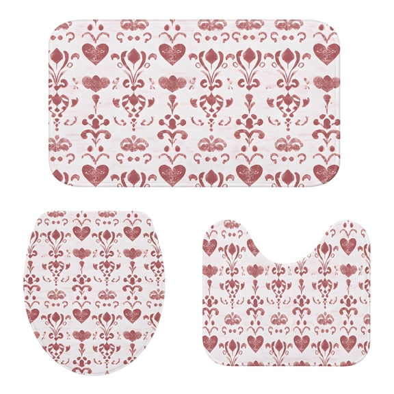 Bathroom Rugs and Mats Sets 3 Piece Red Vintage Damask Motifs Bath Sets Non Slip Bath Rug Set with U Shape Rug Love Heart Flower Contour Toilet Rug for Bathroom Floor Large Size