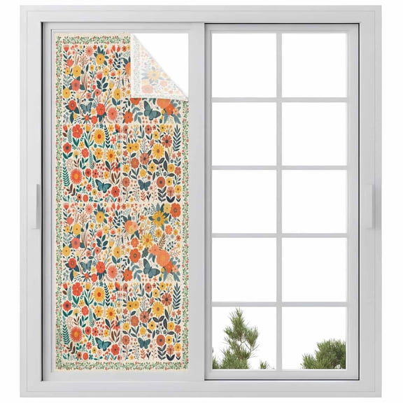 Boho Beige Flowers Window Privacy Film, Spring Abstract Watercolor Floral Leaf Static Cling UV Sun Blocking Heat Control Window Tint Day and Night, Non-Adhesive One Way Privacy Cover 29.5''x78.7''