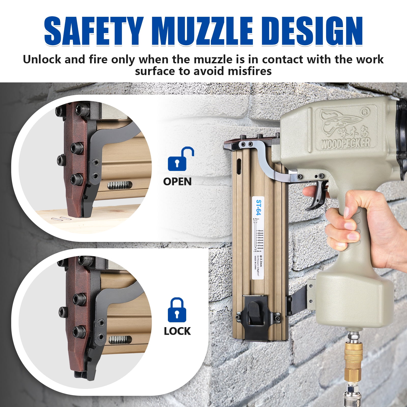 WOODPECKER ST64 Pneumatic Concrete T Nailer, 14 Gauge 3/4" to 1-1/2" Heavy Duty Air Concrete Nail Gun for hardwood nailing, Masonry, Cement, Concrete Brick Nailing
