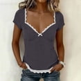 thumbnail image 2 of Women's Crop Tops Lace Trim V-Neck Tee Soft Short Sleeve Blouse Y2K Summer T-Shirt, 2 of 9