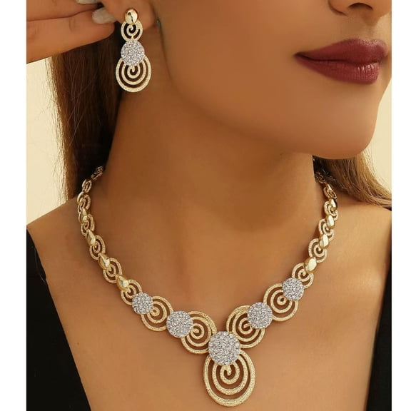 Rhinestone Jewelry Set for Women, Sparkling Necklace & Earrings Set Silver/Gold, Adjustable Party Prom Jewelry, Evening Glam Gift Set