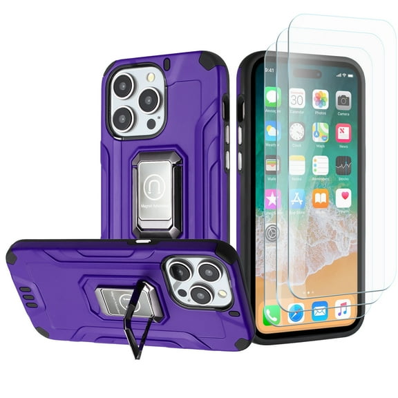 Tough Metallic Hybrid Case with Ring Grip and 3-Pack Tempered Glass Screen Protectors for iPhone 15 - Purple