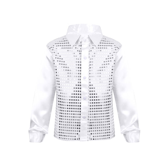 Sxiwei Kids Boys Long Sleeve Shiny Sequins Shirts Latin Jazz Disco Dance Tops White 10-12