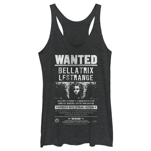 Women's Harry Potter Bellatrix Wanted Poster Racerback Tank Top Black Heather 2X Large