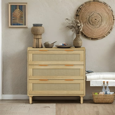 Cfowner Modern Rattan Closet Dressers Chest of Drawers, Wood Oak 3 Drawer Storage Chest for Bedroom, Hallway, Living Room