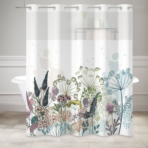 MIZHONA Rustic Shower Curtain with Snap in Liner,Blue Wildflower No Hook Fabric Bathroom Curtain,71"× 74"